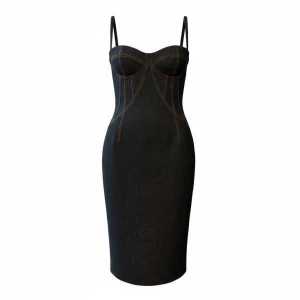 Dolce & Gabbana Black Structured Denim Bustier Midi Dress