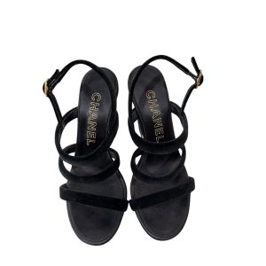 Chanel Black Suede Strappy Heel Sandals Size 35 Made in Italy