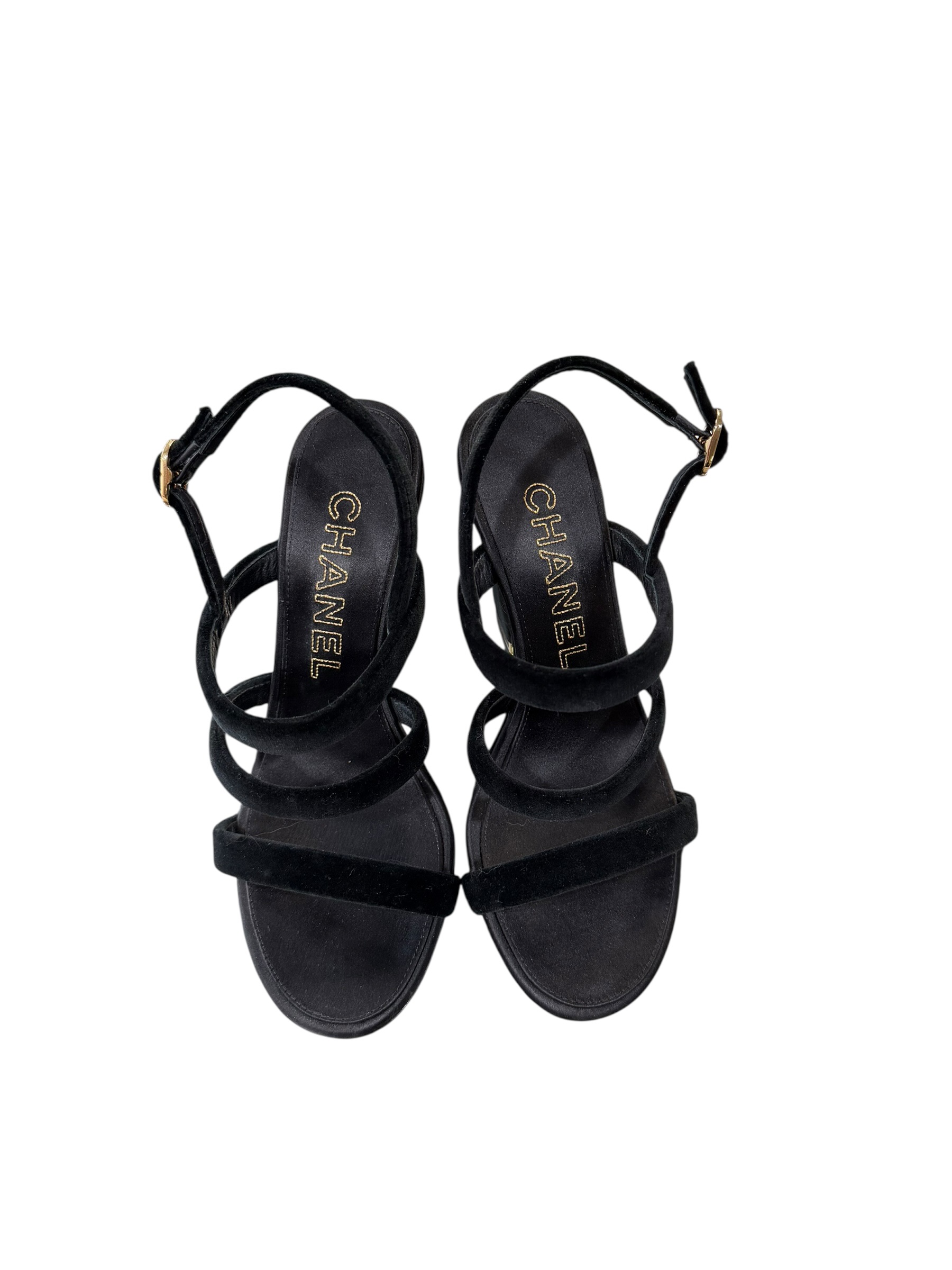 Chanel Black Suede Strappy Heel Sandals Size 35 Made in Italy