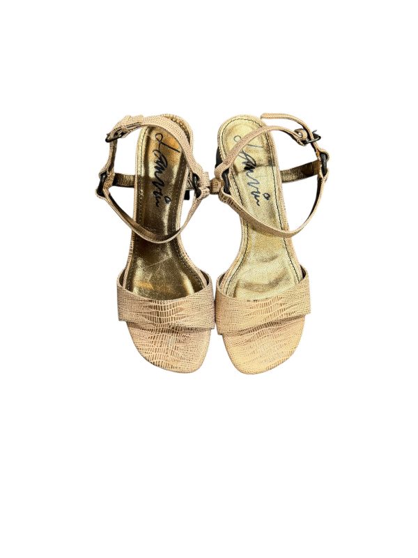 Lanvin Gold Leather Block Heel Sandals Ankle Strap Made in Italy