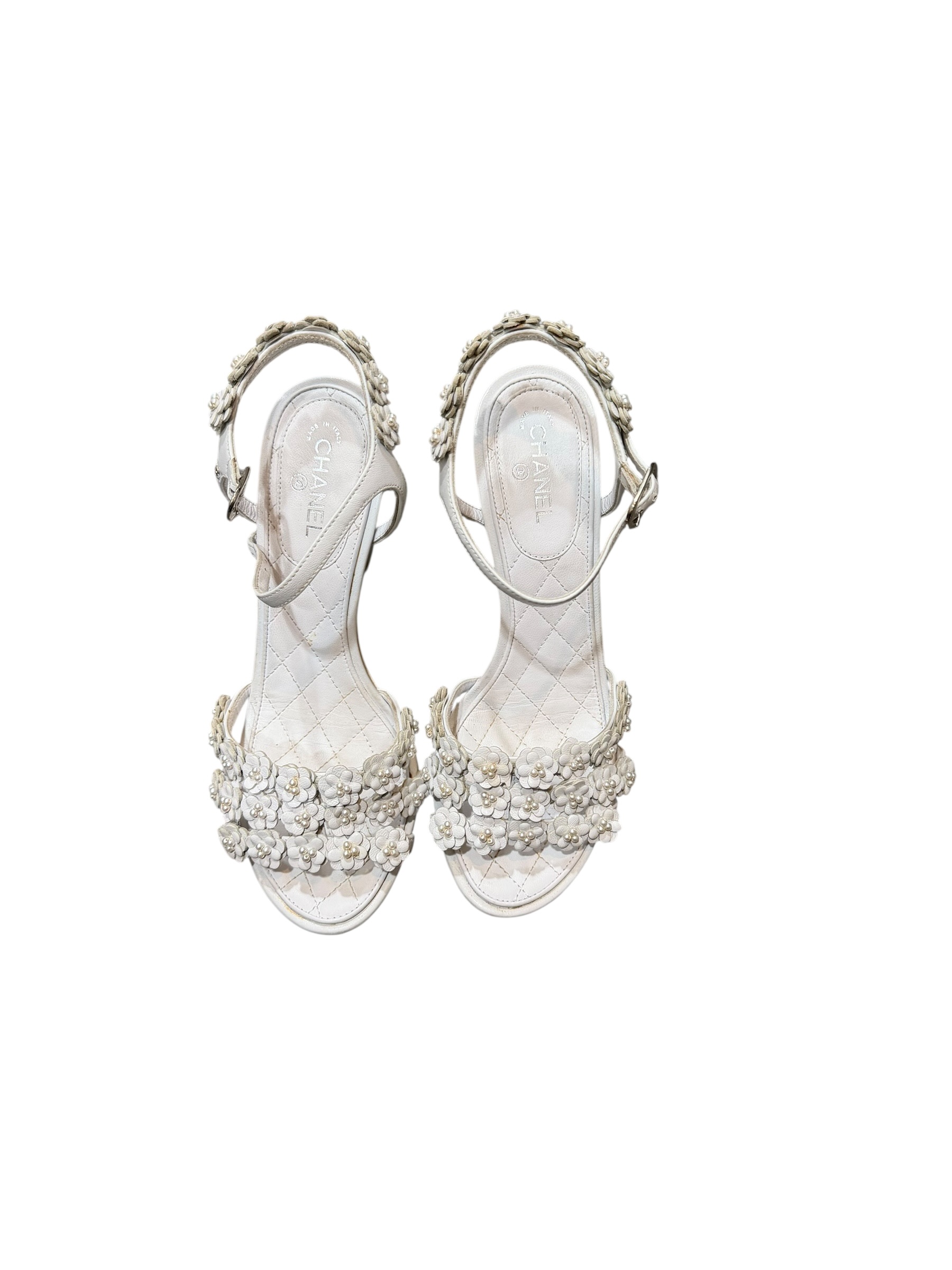 Chanel White Camellia Floral Sandals Ankle Strap Made in Italy - Image 6