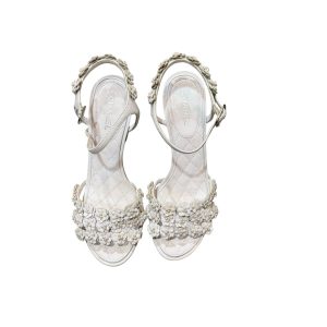 Chanel White Camellia Floral Sandals Ankle Strap Made in Italy
