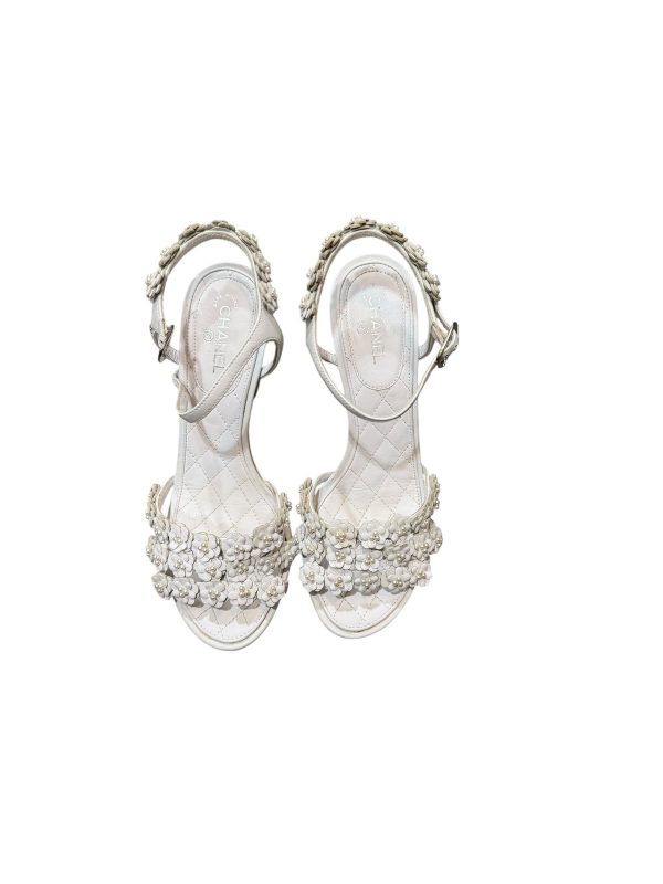 Chanel White Camellia Floral Sandals Ankle Strap Made in Italy