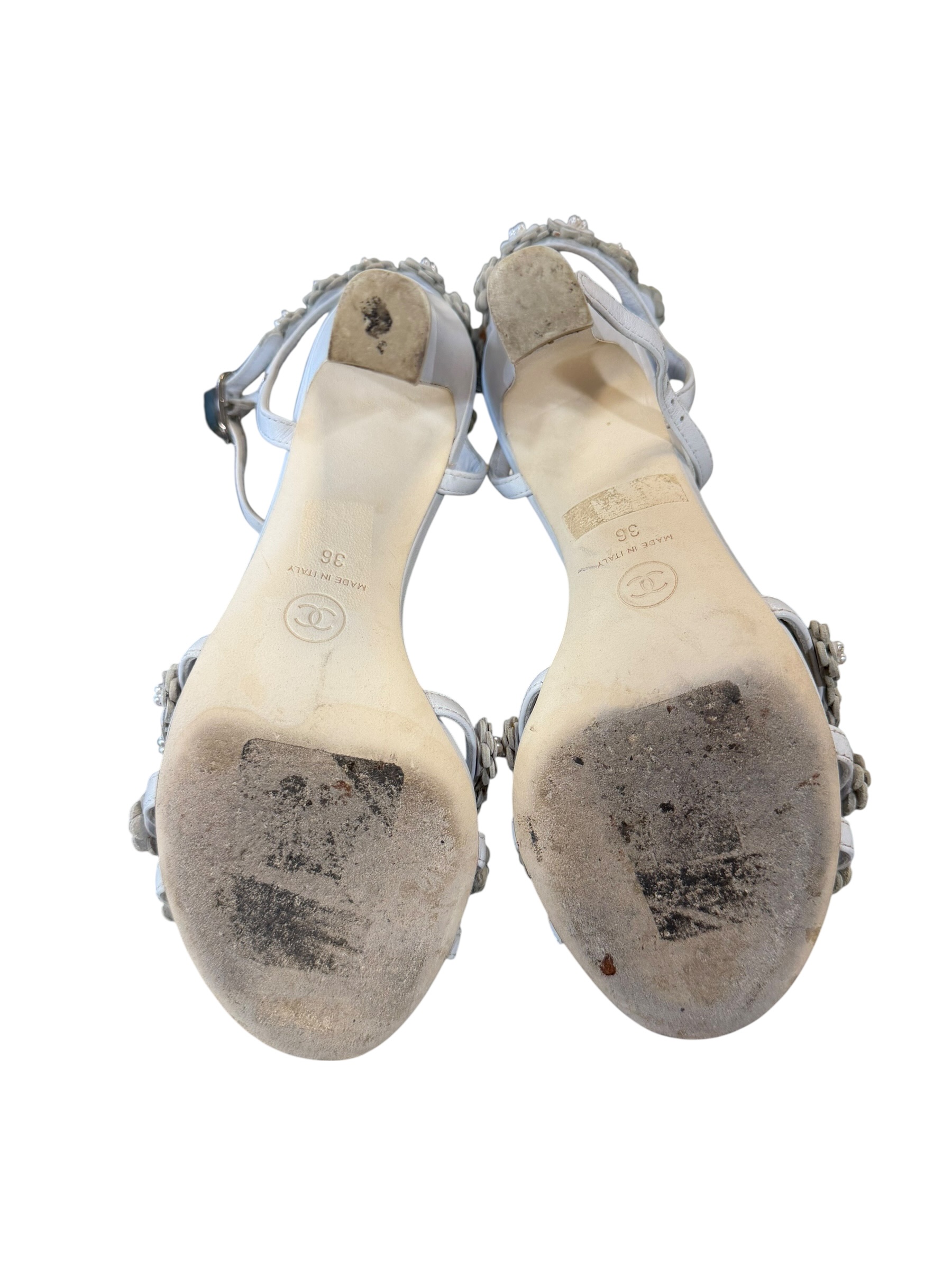 Chanel White Camellia Floral Sandals Ankle Strap Made in Italy - Image 5