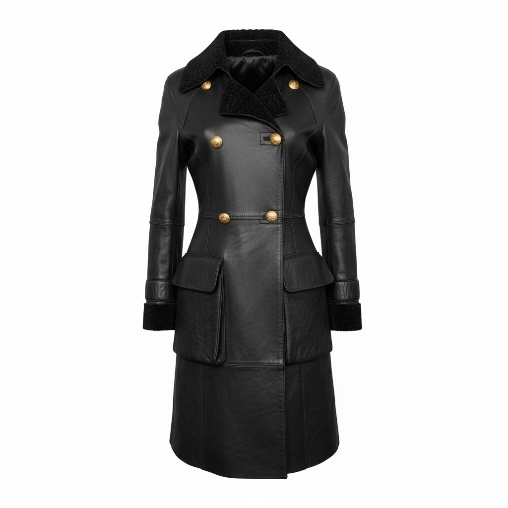 Artico Black Shearling Leather Coat Double Breasted Sheepskin - Image 5