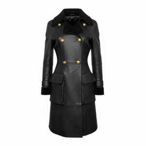 Artico Black Shearling Leather Coat Double Breasted Sheepskin